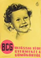 1963 Oltással védi gyermekét a gümőkortól. Egészségügyi Minisztérium felvilágosító plakát, lapszéli szakadással, gyűrődéssel, 67x47 cm