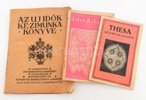 3 db kézimunka témájú kiadvány: Feyérné Kovács Erzsébet (szerk.): Az Uj Idők kézimunka könyve. (Az Uj Idők 1935. évi ajándékkönyve). Bp., 1935, Singer és Wolfner, 72 p.+ XXXII t. Szövegközti és egészoldalas, fekete-fehér képekkel illusztrálva. Kiadói papírkötés, kissé viseltes állapotban, kissé foltos borítóval, lapszéli ázásnyomokkal, kissé hullámos. + Thesa kézimunkakönyv. Gyakorlati útmutatás a Thesamunkák kiviteléhez eredeti ábrákkal. Nyolcadik kiadás. Kiadói papírkötés, kissé viseltes, foltos borítóval, 40 p. + Niedner, Marie: Filet-Arbeiten. Heft I: Durchzug. Beyers Handarbeitsbücher Band 14. Leipzig, 1922, Otto Beyer, 46+(2) p. Fekete-fehér képekkel illusztrálva. Német nyelven. Kiadói papírkötés, sérült borítóval, ázásnyomokkal, részben szétváló fűzéssel, kijáró lapokkal.