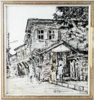 Olvashatatlan (...György) jelzéssel: Járókelők, 1978. Tus, papír, 37,5x36 cm, üvegezett fakeretben