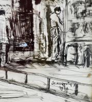 Olvashatatlan (...György) jelzéssel: Járókelők, 1978. Tus, papír, 37,5x36 cm, üvegezett fakeretben