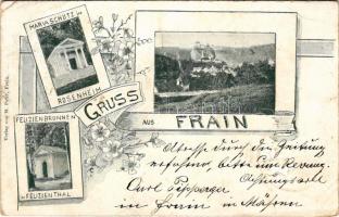 1899 (Vorläufer) Vranov nad Dyjí, Frain; Mariaschutz im Rosenheim, Felizienbrunnen im Felizienthal. Verlag von M. Pater Art Nouveau, floral (EB)