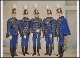 cca 1861 Tiedge János pesti fényképész felvétele, amit kézzel színeztek (Győr megyei huszárok), 1 db modern nagyítás, jelzés nélkül, az eredeti fotót bemutatták 1862-ben, a Londonban megrendezett Ipari és Művészeti Világkiállításon, 15x21 cm