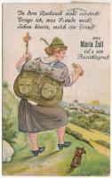 1923 Mariazell (Steiermark), In dem Rucksack wohl versteckt... / hiking woman, leporellocard with 10 small pictures (b)