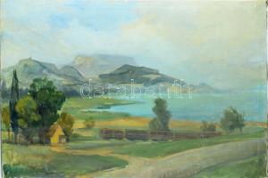 Jelzés nélkül, feltehetően XX. közepe: Balaton, háttérben a Badacsony. Olaj, vászon, jelzett, 60×90 cm