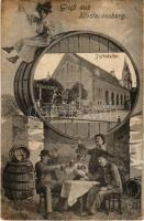 Klosterneuburg, Stiftskeller. Verlag Josef Popper / beer hall, church, montage with barrel (EB)