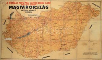 cca 1928 Magyarország autóval járható közutai. A Királyi Magyar Automobil-Club hivatalos térképe. 1 : 500.000. Bp., Gottlieb lith.-ny., vászonra kasírozva, kissé viseltes állapotban, az egyik szelvényen kisebb hiánnyal, 67x105 cm