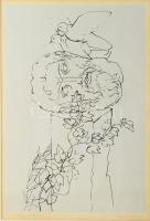 Reich Károly (1922-1988): Szobrász kertje VII. Szitanyomat, papír, jelzett. Üvegezett fakeretben. 41x29 cm