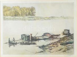 Zádor István (1882-1963): Halász, 1931. Színezett rézkarc, papír, jelzett. Kisebb foltokkal. 24,5×33 cm. Üvegezett fakeretben.