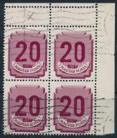 1946 Forint-fillér portó 20f ívsarki négyestömb ívszéli kettős fogazással, a "fillér" szó lefelé tolódásával, a felső bélyegek 2-es számaiban lemezhibával