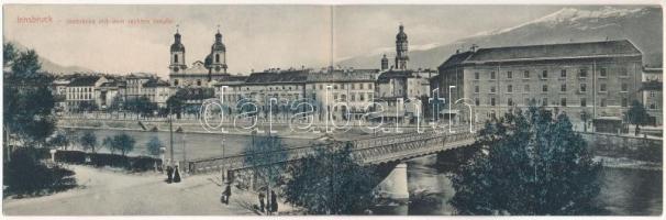 Innsbruck, Innbrücke mit dem rechten Innufer. Verlag von Fritz Gratl / church, bridge, shops. 2-tiled folding panoramacard (EK)