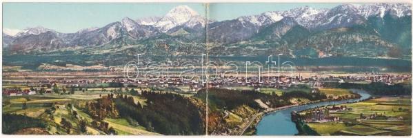 Villach (Kärnten), mit den Karawanken. Verlag Caspar &amp; Poltnig / general view, mountains. 2-tiled folding panoramacard (worn at fold)