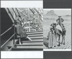 cca 1950 Munkácsi Márton (1896-1963) magyar - amerikai fotóriporter és fotóművész felvétele (divatfotó), + hozzáadva a Munkácsi Mártonról egy kép, amint teveháton tevegel; 2 db modern nagyítás, jelzés nélkül, 21x15 cm és 15x10 cm