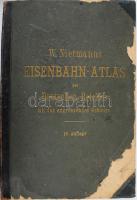 1902 Nietmann, W.: Eisenbahn-Atlas für Deutsches Reich, Luxemburg und angrenzende Gebiete. XVIII. Auflage. Leipzig, 1902, W. Nietmanns Verlag, 3 sztl. lev.+ 19 (duplaoldalas, színes térképek) t.+ 52 p. Német nyelven. Kiadói félbőr-kötés, viseltes, sérült borítóval, helyenként kis lapszéli sérülésekkel, kissé foltos lapokkal.