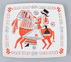 Hollóházi lovas mintás falitál, jelzett, kopással, 17x19 cm