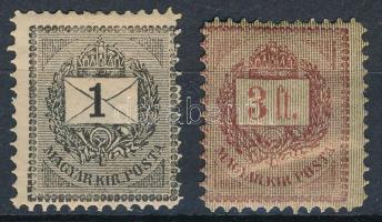 1888 1kr és 3Ft elfogazva (1kr gumihiba / gum disturbance) (17.000)