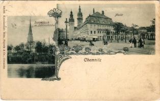 1908 Chemnitz, Schlossteich m. Schlosskirche, Markt / castle church and pond, market. Kunstanstalt Edm. Papezik &amp; Co. Art Nouveau, floral frame (EK)