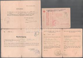 1945 Holländer Klára magyar internált 4 db irata: igazolások a mauthauseni koncentrációs táborban, illetve az Alpenjäger-laktanyában lévő gyűjtőtáborban (Wels, Ausztria) való tartózkodásról ill. szabadon bocsájtásról, valamint Budapestre hazaküldött vöröskeresztes levelezőlap