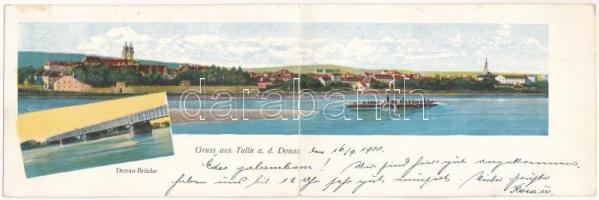 1900 Tulln an der Donau, Donau-Brücke / bridge, general view, steamship. 2-tiled folding panoramacard (fl)