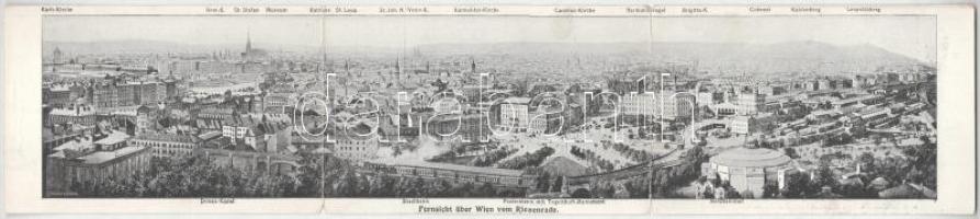 1906 Wien, Vienna, Bécs; Gruss vom Wiener Riesenrade im Prater, Fernsicht über Wien vom Riesenrade / view from the ferris wheel, train. 3-tiled folding panoramacard, advertisement (bent til broken)