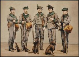 cca 1861 Tiedge János pesti fényképész felvétele, amit kézzel színeztek (Sümegi vadászok), 1 db modern nagyítás, jelzés nélkül, az eredeti fotót bemutatták 1862-ben, a Londonban megrendezett Ipari és Művészeti Világkiállításon, 15x21 cm