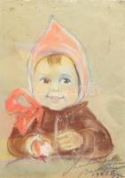 Olvashatatlan jelzéssel: Kisgyerek almával. Pasztell, papír. Üvegezett fakeretben. 25x17,5 cm