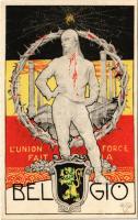 L'union fait la force Belgio / Unity makes strength. WWI Belgian propaganda, coat of arms, flag. s: U. Palchetti