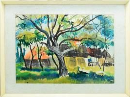 Jánossy Ferenc (1926-1983): Gyulai Kálmánnál. Akvarell, papír, jelzett, üvegezett fakeretben, hátoldalán Képcsarnok Vállalat címkéivel, 42×59,5 cm