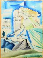 CJP Paris jelzéssel: Angyal, 1938. Akvarell, papír, hátoldalán román kiviteli bélyegzővel, apró foltokkal, üvegezett fakeretben, 50×37 cm