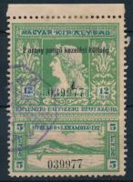 1930 Vízumbélyeg 6 + 5P egyszeri átutazásra 2 arany pengő kezelési költség felülnyomással, ívszéllel