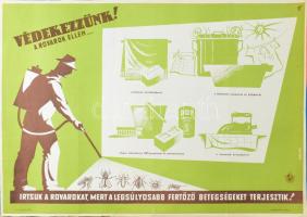 cca 1960 Maklári Ernő: Védekezzünk a rovarok ellen... Egészségügyi felvilágosító plakát, kis lapszéli sérüléssel, 48x68 cm