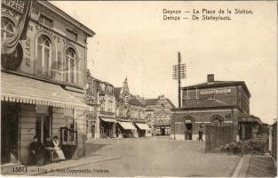 1917 Deinze, La Place de la Station / De Statieplaats. Uitg. G. Van Coppenolle / café, restaurant, railway station, shops, pool salon + "K.D. Feldpoststation Nr. 4." (EK)