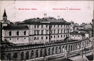 1907 Bielsko-Biala, Bielitz; Fürstl. Schloss u. Schlossbazar / castle and castle bazaar, synagogue. Verlag Grubner (fl)