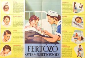 cca 1960 Fertőző gyermekbetegségek. Egészségügyi felvilágosító plakát, javítással, hajtott, 56x82 cm