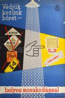 1961 Védjük kezünk bőrét helyes mosakodással. Egészségügyi felvilágosító plakát, sérüléssel, 67x47 cm
