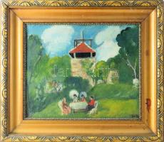 Révész jelzéssel: Társaság a szabadban. Olaj, vászon. Dekoratív, kissé sérült fakeretben, 36×43 cm