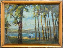 Jelzés nélkül: Kiránduló pár. Olaj, vászon, sérült. Üvegezett fakeretben. 30x40 cm