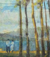 Jelzés nélkül: Kiránduló pár. Olaj, vászon, sérült. Üvegezett fakeretben. 30x40 cm