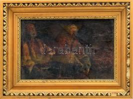 Jelzés nélkül: Házaspár. Olaj, vászon, kissé sérült. Hátoldalán Szépművészeti Múzeum 125/93 sz. bírálati címkéjével. Üvegezett, sérült fakeretben. 22,5x34 cm