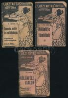 A ,,Háztartás" Könyvtára 3 füzete: Levesbe valók és mellékételek. Kipróbált ételreceptek. (2. sz.); Különféle főzelékek. (9. sz.); Kipróbált receptek. Különféle italok. (16. sz.) Szerk.: Kürthy Emilné. Bp., é.n., ,,Háztartás" Magyar Asszonyok Lapja. Kiadói tűzött papírkötés, viseltes állapotban, sérülésekkel, ázásnyomokkal, két szám különvált elülső borítóval.