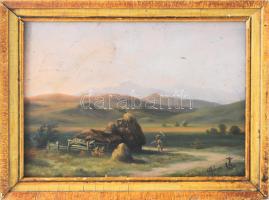 Rózsa jelzéssel: Fiú kaszával. Olaj, farost. Dekoratív, sérült fakeretben. 20x27 cm