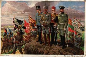 Ein fester Fels ist unser Bund. Wohlgemuth &amp; Lissner No. 1141. / első világháború központi hatalmak vezetői: Ferenc József osztrák-magyar császár és király, II. Vilmos német császár, V. Mehmed oszmán szultán, Ferdinánd bolgár cár / WWI military, Central Powers and Viribus Unitis, Franz Joseph of Austria, Wilhelm II, Mehmed V, Tsar Ferdinand s: N. v. Santhó (kopott sarkak / worn corners)