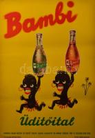1947 Bambi üdítőital. Reklámplakát. Gyártja: Hazai Szikvíz és Üdítő Italok Üzeme Budapest VIII. Mária Terézia tér 11. F.K.: Csukási Gartner Károly. Nyitrai Sándor. Bp., [1947], Csukási Gartner Károly ? Nyitrai Sándor. Jó állapotban, 57x40 cm
