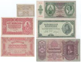 1918. május 1. 50f utalvány (Sopron) + 1920. 2K csillagos sorszámmal + 1930. 100P + 1936. 10P + 1946. 100.000.000MP + 1.000.000AP fordított címerrel, hatszámjegyű sorszámmal, vízjeles papíron T:F,VG, közte szép papír