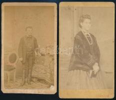 cca 1865 Női és férfi portré, 2 db keményhátú fotó Rechnitzer és Bülch pesti műterméből, törésnyomokkal, foltokkal, 10,5×6,5 cm