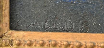 Olvashatatlan (Erdélyi B?) jelzéssel: Dombos táj. Olaj, falemez. Dekoratív, kissé sérült fakeretben....