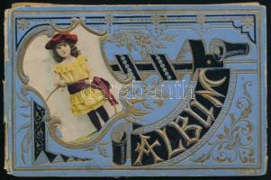 1898-1901 Régi emlékkönyv, német nyelvű bejegyzésekkel, beragasztott különféle litó képekkel (virágokkal, figurális képekkel...stb.), korabeli illusztrált kartonált papírkötésben, kopott borítóval, sérült gerinccel, laza fűzéssel.