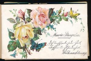 1898-1901 Régi emlékkönyv, német nyelvű bejegyzésekkel, beragasztott különféle litó képekkel (virágo...