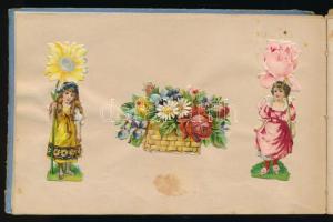 1898-1901 Régi emlékkönyv, német nyelvű bejegyzésekkel, beragasztott különféle litó képekkel (virágo...