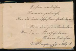 1898-1901 Régi emlékkönyv, német nyelvű bejegyzésekkel, beragasztott különféle litó képekkel (virágo...