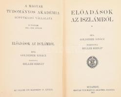 Goldziher Ignác: Előadások az iszlámról. Ford.: Heller Bernát. Bp., 1912, MTA (Hornyánszky-ny.), VIII+413+(3) p. Első magyar kiadás. Kiadói aranyozott gerincű egészvászon-kötés, nagyrészt jó állapotban, a gerincen kis sérüléssel.